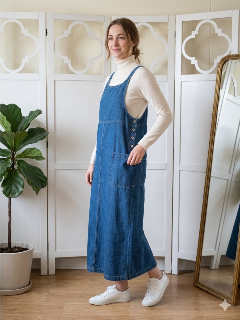 Basic Edition Vintage women's blue denim overall midi jumper dress Size XL 1FLAW